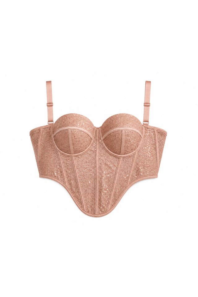 Pudra Nude Payetli Balenli Büstiyer (Transparan Olmayan)