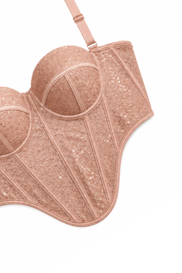 Pudra Nude Payetli Balenli Büstiyer (Transparan Olmayan)